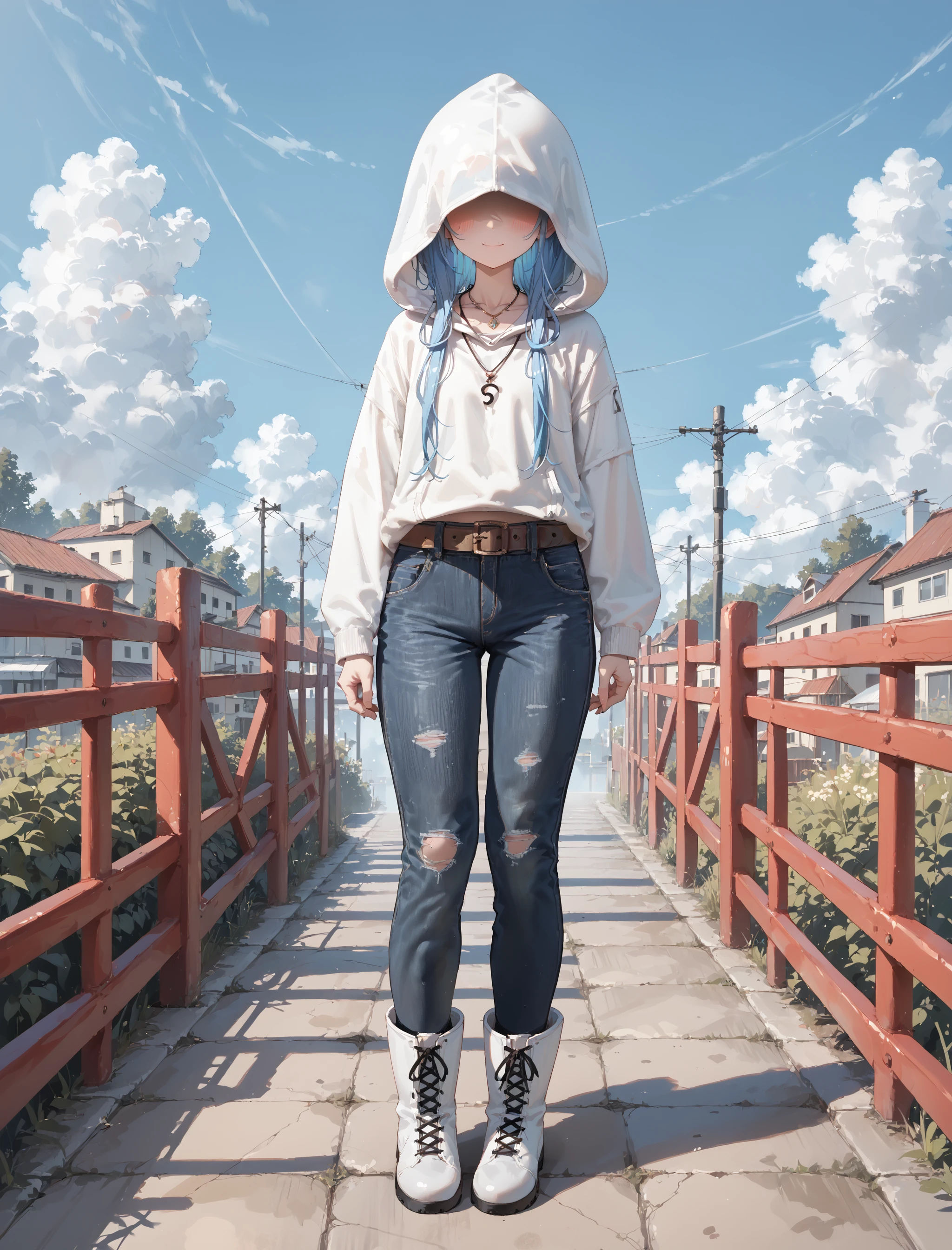 score_9, score_8, score_7_up masterpiece, amazing quality, hyper detailed, high resolution, highres, (embedding:zPDXL3:1.1),

1girl, solo, blue hair, long locks, soft smile, blush, 

white hoodie, hood, hood over eyes, shaded face, necklace, black jeans, white boots, brown belt,

standing, fullbody, from below, fisheye effect, sky, clouds, 