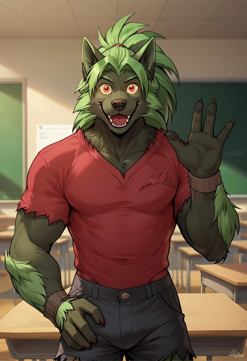 score_9_up, score_8_up, score_7_up, sylvanoslovers, wolf, green fur, green hair, ponytail, male, furry, red eyes, red shirt, torn sleeves, gauntlets, shorts, solo, 1boy, furry, detailed background, looking at viewer, smile, half body view, waving, friendly, open mouth, inside classroom, inside school, happy wide eyes, muscular, bara