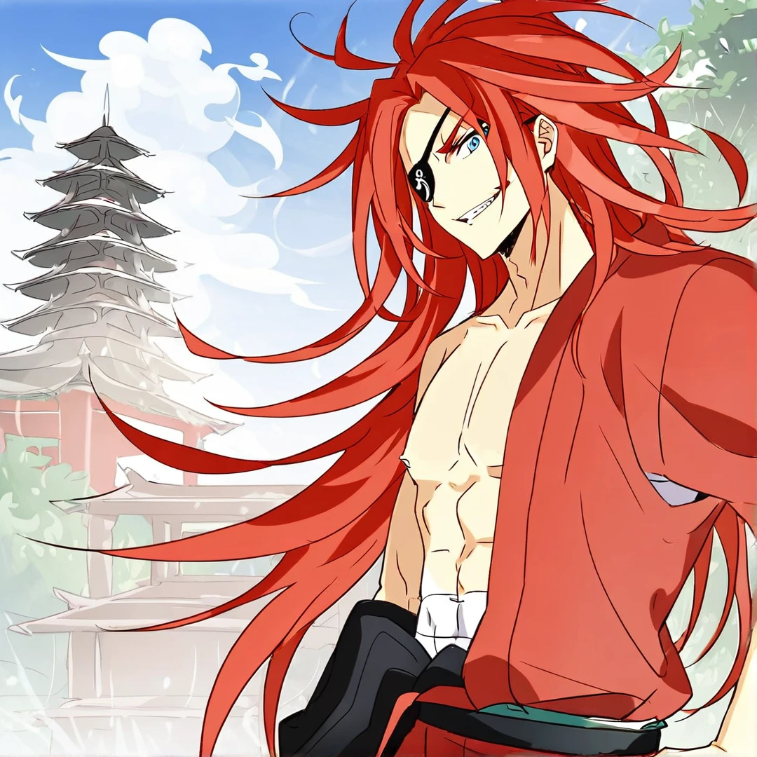 <lora:ReidAstrea:1>, reid, had waist length, fiery red hair, sky blue eyes, with a muscular body, he wore a crimson kimono, which he only wore half of, leaving the right side uncovered, a white sarashi around his body, and a black eye patch over his left eye, that has an ugly pattern, solo, in a city, trees, buildings