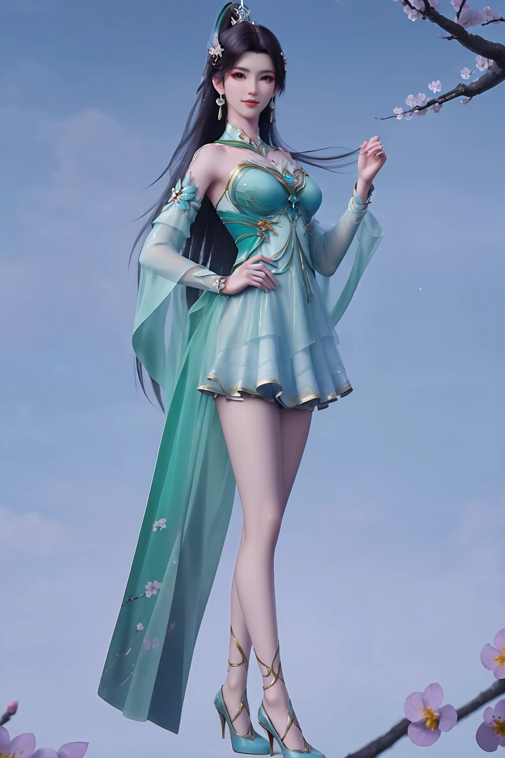 masterpiece,best quality,8k,absurdres,highres,
xuner,1girl,solo,black hair,long hair,ponytail,hair ornament,green dress,gold trim,(long sleeves:1.1),see-through sleeves,detached collar,shiny clothes,shiny skin,earrings,jewelry,closed mouth,(looking at viewer:1.1),light smile,breasts,(pale skin:1.2),skinny,narrow waist,arm up,hand on own hip,
(sparkle:1.3),(glitter:1.1),(sunlight:1.2),<lora:xuner-vision-000008:0.7>,slim legs,high heels,wind lift,dynamic pose,(branch:1.2),(plum blossoms:1.2),blue sky,