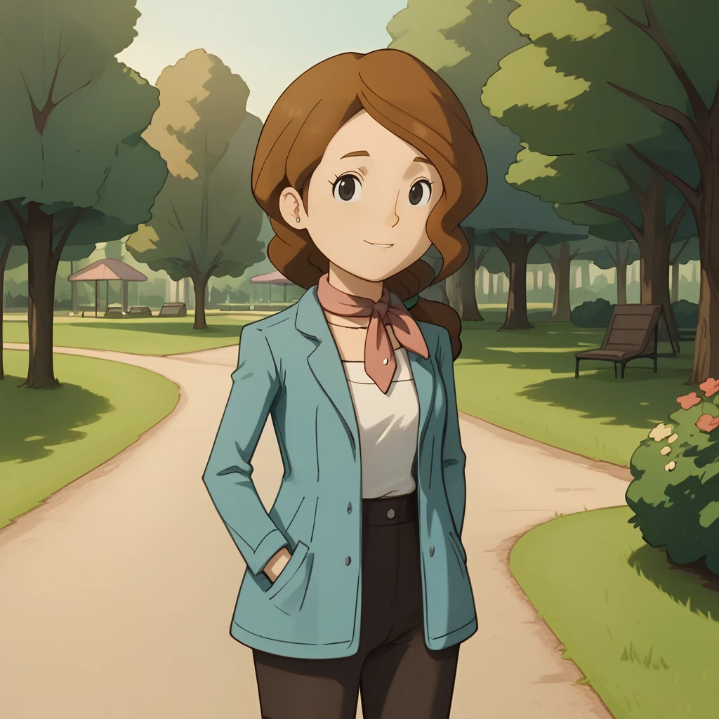 score_9, score_8_up, score_7_up, 1girl, solo, uncensored, clairefoley, smile, standing, looking at viewer, brown hair, black eyes, red neckerchief, white shirt, blue jacket, black pants, outdoors, park, trees, grass, <lora:ClaireFoleyXL_v1.0:1.2>