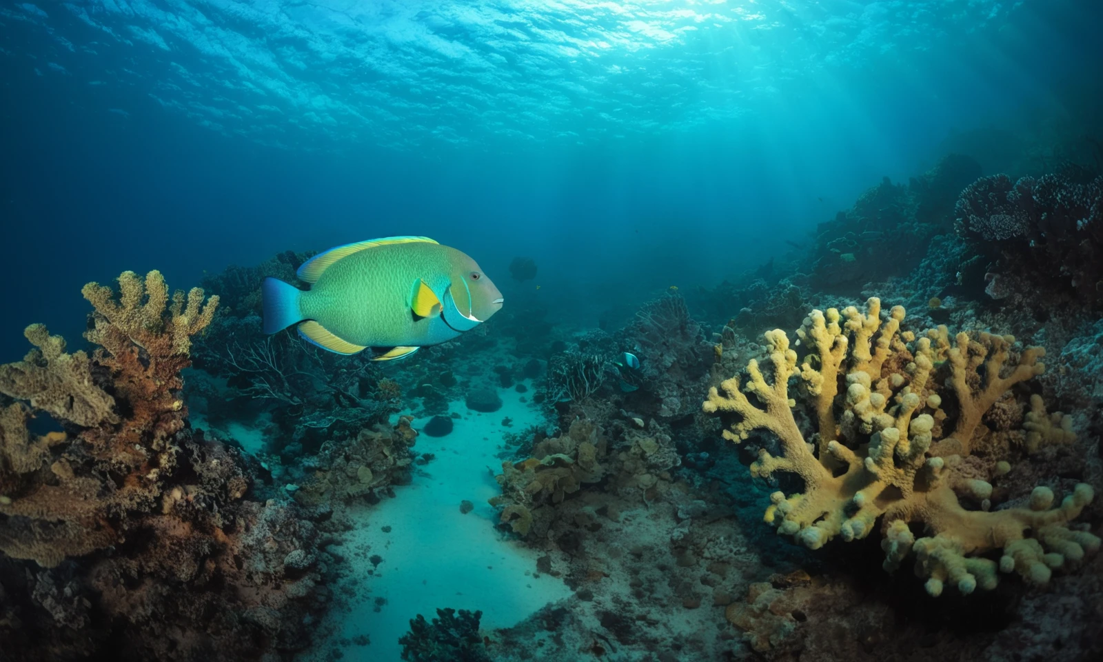 (view from above:1.5), underwater photo, sandy sea floor, different types of colorful corals, close-up of one green and blue parrotfish swimming, (volumetric light rays:0.5), sea fans

(best quality), (high detail), (murky water:1.5), (distance haze:1.2), (blue tint light:1.3)