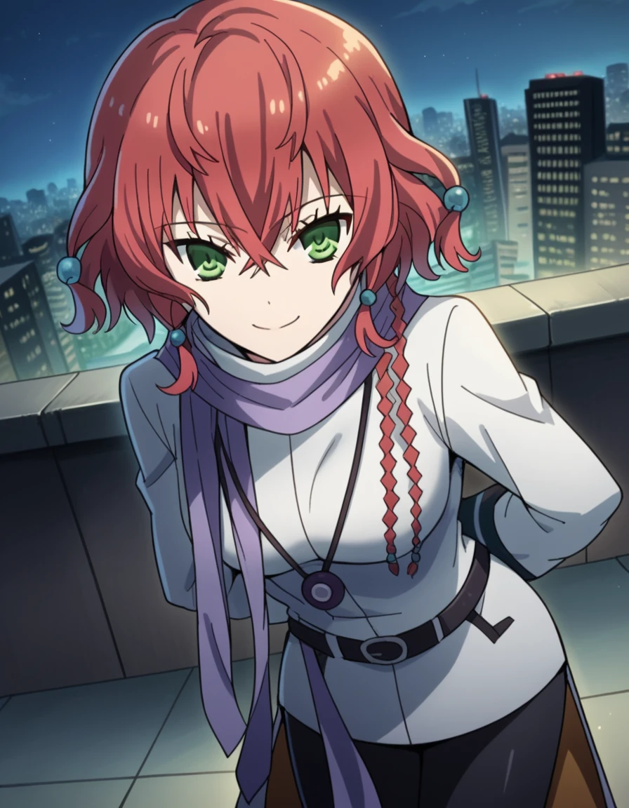 score_9, score_8_up, score_7_up, source_anime, <lora:takiko-souma-s1-ponyxl-lora-nochekaiser:1>, takiko souma, short hair, green eyes, braid, red hair, medium breasts, hair ornament,, jewelry, necklace, shirt, scarf, white shirt, purple scarf, belt, jewelry, coat, black pantyhose, city skyline, rooftop view, night time, city lights, quiet reflection, smile, hands behind back, bent over,, looking at viewer, solo,, dutch angle, cowboy shot