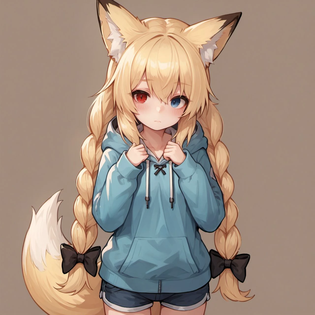 score_9, score_8_up, score_7_up, score_6_up, miho, fox ears, fox tail,
1girl, solo, long hair, looking at viewer, blush, bangs, blue eyes, blonde hair, red eyes, bow, animal ears, hair between eyes, very long hair, closed mouth, standing, cowboy shot, braid, hair bow, hood, short shorts, twin braids, hoodie, black bow, heterochromia, hood down, brown background,
<lora:miho_race_v1-000006:0.8>,