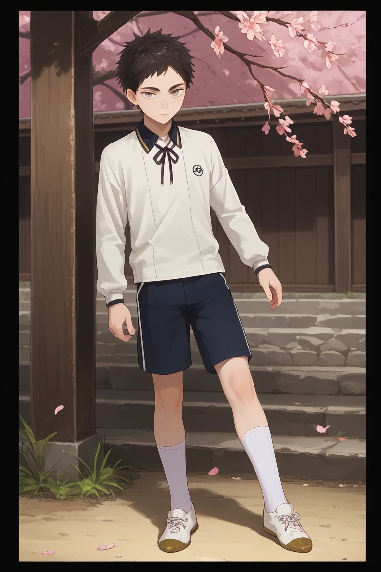 score_9, score_8_up, score_7_up, score_6_up, atsushi toushirou, black hair, grey eyes, hanamaru style,1boy, male focus, shorts, solo, socks, kneehighs, full body, white socks, shoes, cherry blossoms, black shorts