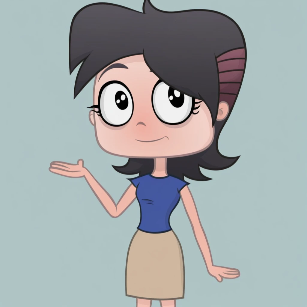 galhamdon, solo, short-sleeved shirt, black hair, blue shirt, skirt, black eyes, medium hair, 1girl, cute, looking at viewer, posing, parody