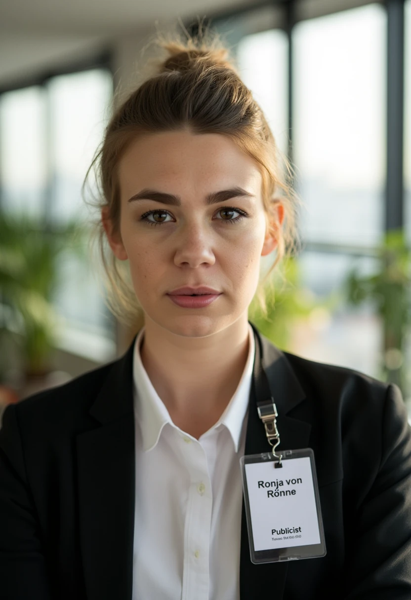 A portrait photo of ronjavonroenne, a woman. She is looking straight at the viewer with a serious expression on her face. Her eyebrows are drawn down. Her mouth is closed and her lips are pressed together. She is wearing a professional white shirt and a black business suit. A simple ID badge with black bold text name "Ronja von Rönne" and smaller title "Publicist" is clipped to the suit jacket. The background is blurry and shows a modern office with house plants. Sunlight is shining through large windows.