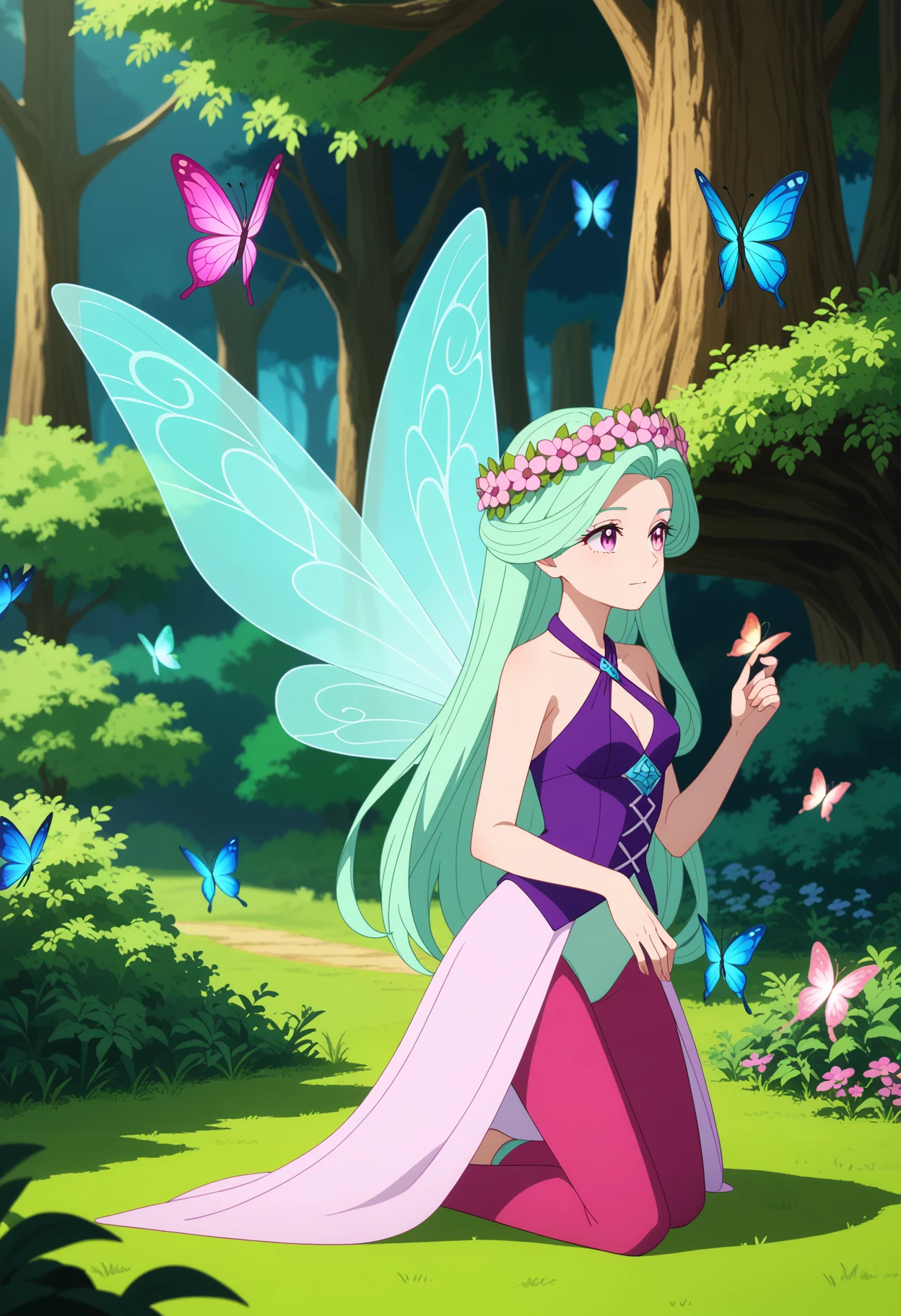 score_9, score_8_up, score_7_up, rating_explicit,
BREAK
1girl, solo, pink eyes, green hair, long hair, criss-cross halter, fairy costume, enchanted meadow, fluttering butterflies, ethereal glow, magical wings, shimmering pixie dust, woodland creatures, flower crown, secret glade, gentle breeze, fairy ring, whimsical fantasy, full body, kneeling, star \(symbol\), blue sky, forest, mystical, enchanted, from side,