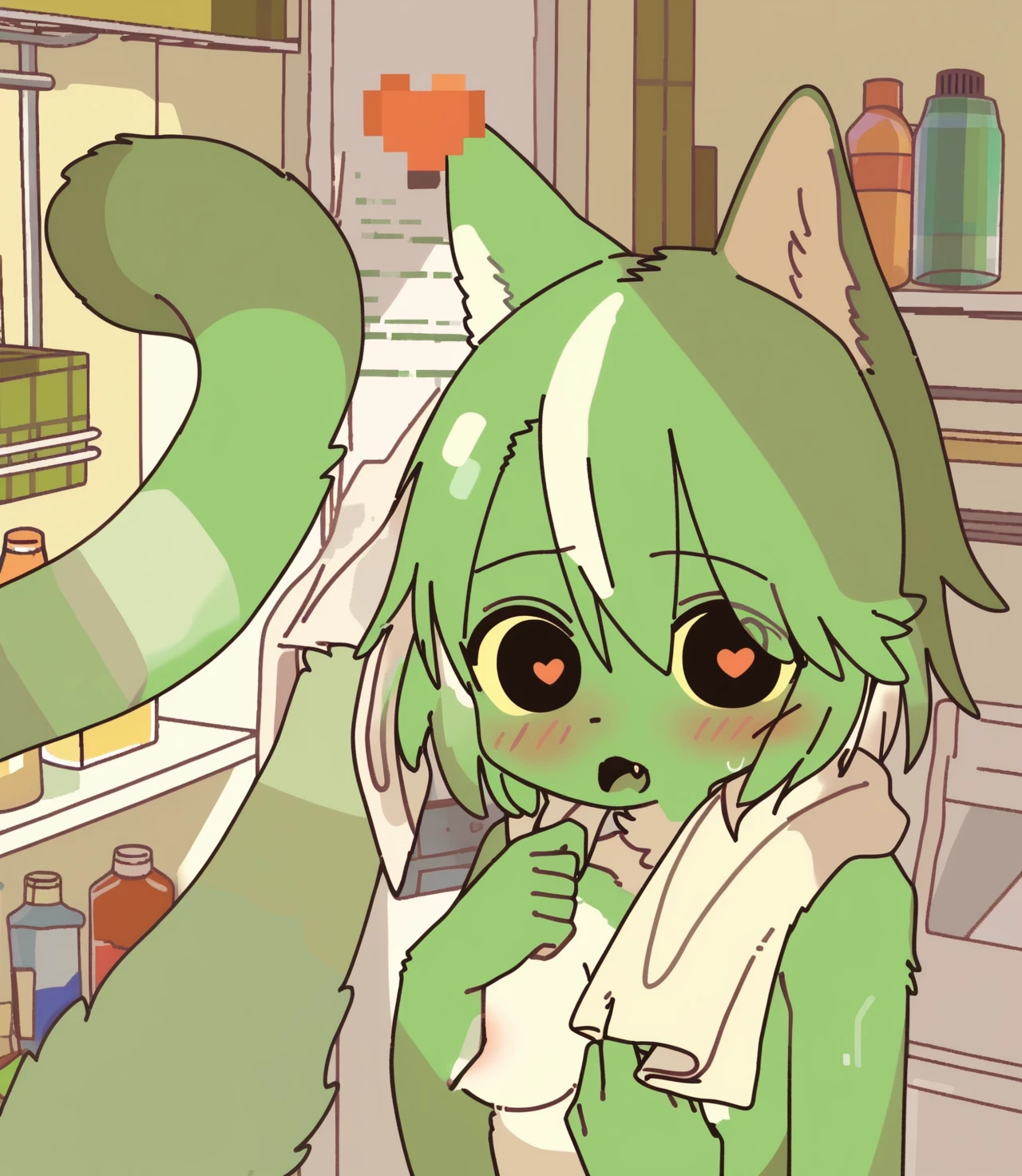 score_9, score_8_up, <lora:doremifaso64_minecraft_style_v1:1>, doremifaso64_minecraft, interface, 1girl, solo, breasts, looking at viewer, blush, open mouth, short hair, animal ears, hair between eyes, tail, white hair, multicolored hair, heart, nude, censored, green hair, indoors, hand up, cat ears, black eyes, cat tail, symbol-shaped pupils, fangs, heart-shaped pupils, cat girl, bottle, furry, towel, convenient censoring, furry female, green skin, animal nose, towel around neck, refrigerator