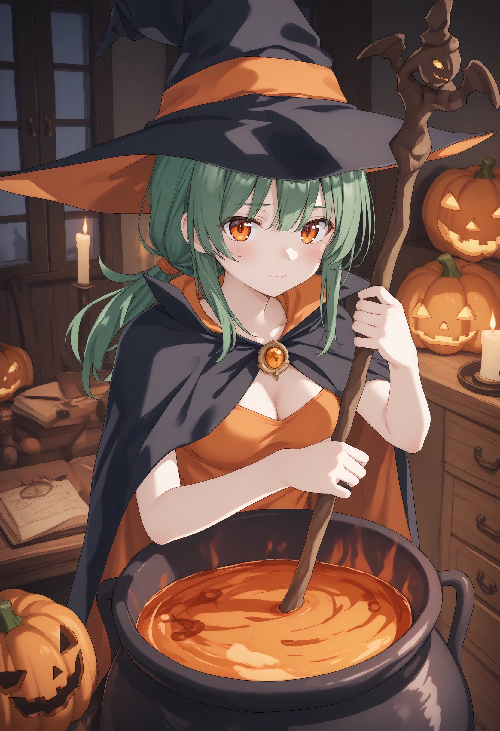 (masterpiece:0.7), (best quality:1.1),
(by sincos:0.5),(by ningen mame:0.5),(by toosaka asagi:0.5),
1girl,solo,medium breasts,
stirring, cauldron, holding, witch hat, standing, witch, indoors, fire, staff , halloween ,jack-o'-lantern,halloween costume, cape,night, <lora:stirring_Pony_v1:0.8>
from above, upper body, looking at viewer, green hair, orange eyes,sad smile, rest room, closed mouth, low ponytail hair,