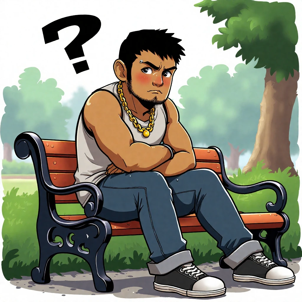 raijinff8, khraijin, an anime style drawing of khraijin sitting on a bench, lost in thought, in a beautiful park. there is a black scribble symbol above his head, indicating he is frustrated and confused, and he has a frown on his face like he is lost in thought, his arms are crossed and he is hunched over slightly, with his head cocked slightly to one side, he is is stylish casual street clothes, the weather is overcast, khraijin, raijinff8, 2d, drawing, anime, stubble, tan, black hair, outdoors, thinking