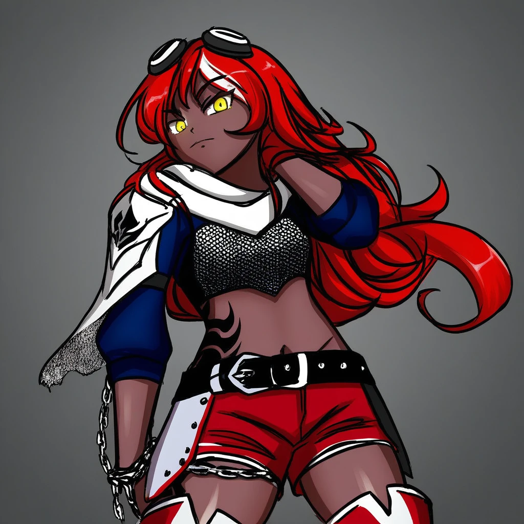 rwby, 1girl, red hair, long hair, dark skin, yellow eyes, medium breasts, chain maille armor, goggles on head, blue long sleeve crop top, red shorts with white fur trim, belt, thigh boots, tattoos on right side