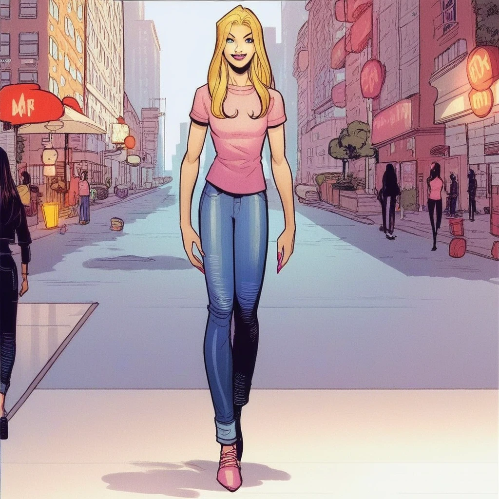 score_8, score_8_up, score_7_up, source_anime, anime screenshot, 1girl, female focus, solo, Katie_MC2, long hair, blonde hair, blue eyes, pink lips, lips, lipstick, pink nails, nail polish, pink t-shirt, jeans, denim, shoes, looking at viewer, smile, full body, standing, arms at side, outdoors, street, city, new york city background