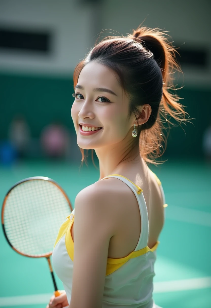 A beautiful woman smiling while holding a racket at the badminton court.