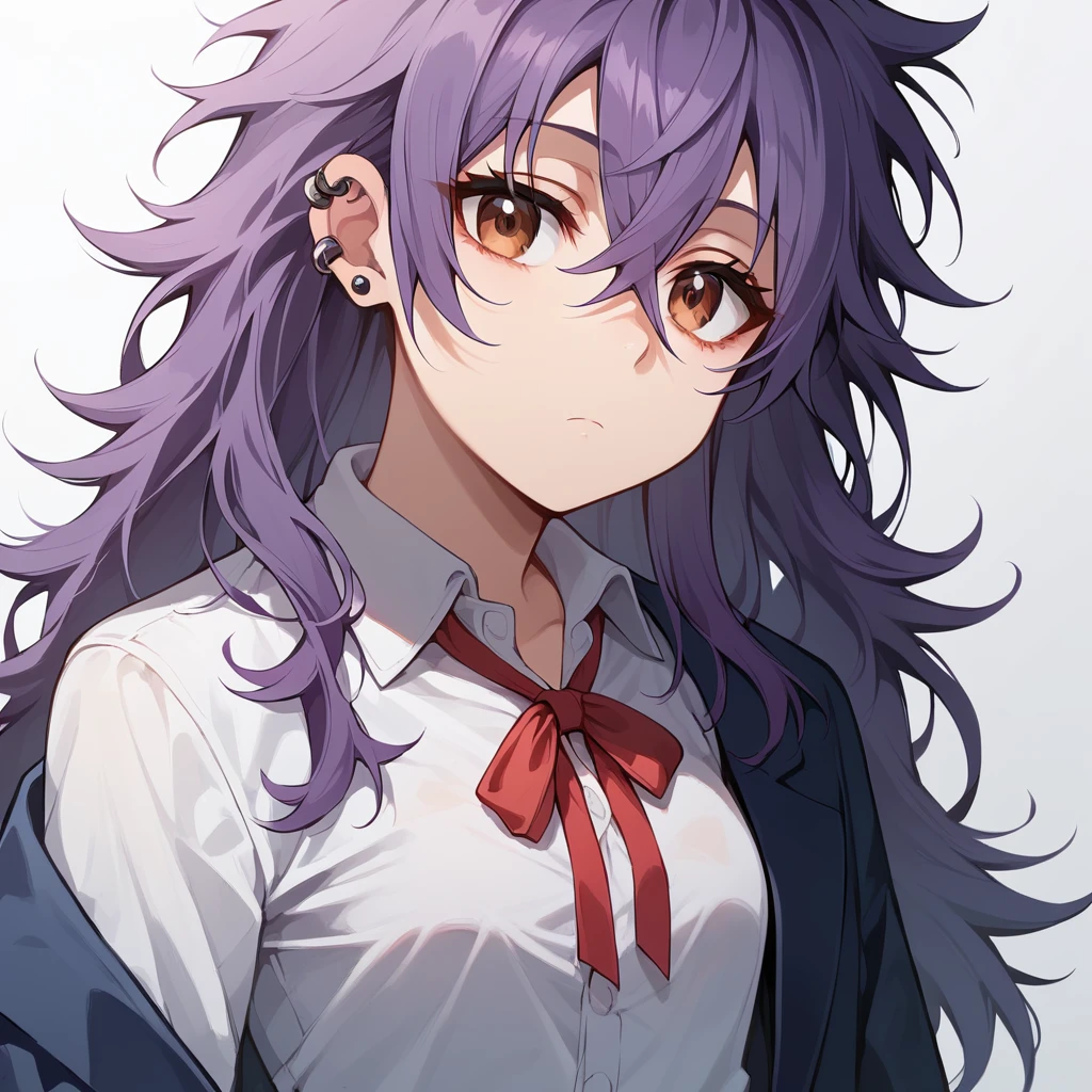 score_9, score_8_up, score_7,   4K definition, high defitinition, best quality, master piece, great artist,   dynamic angle, good coloring, good shadows, highly detailed,  solo, 1girl, purple hair, open blazer,  closed mouth, ear piercing, hair between eyes,  long hair, messy hair, red ribbon, loose ribbon, ribbon tie, okako, piercing,  shirt, solo, white shirt , brown eyes, loose button up shirt, expressionless  <lora:Okako:1>