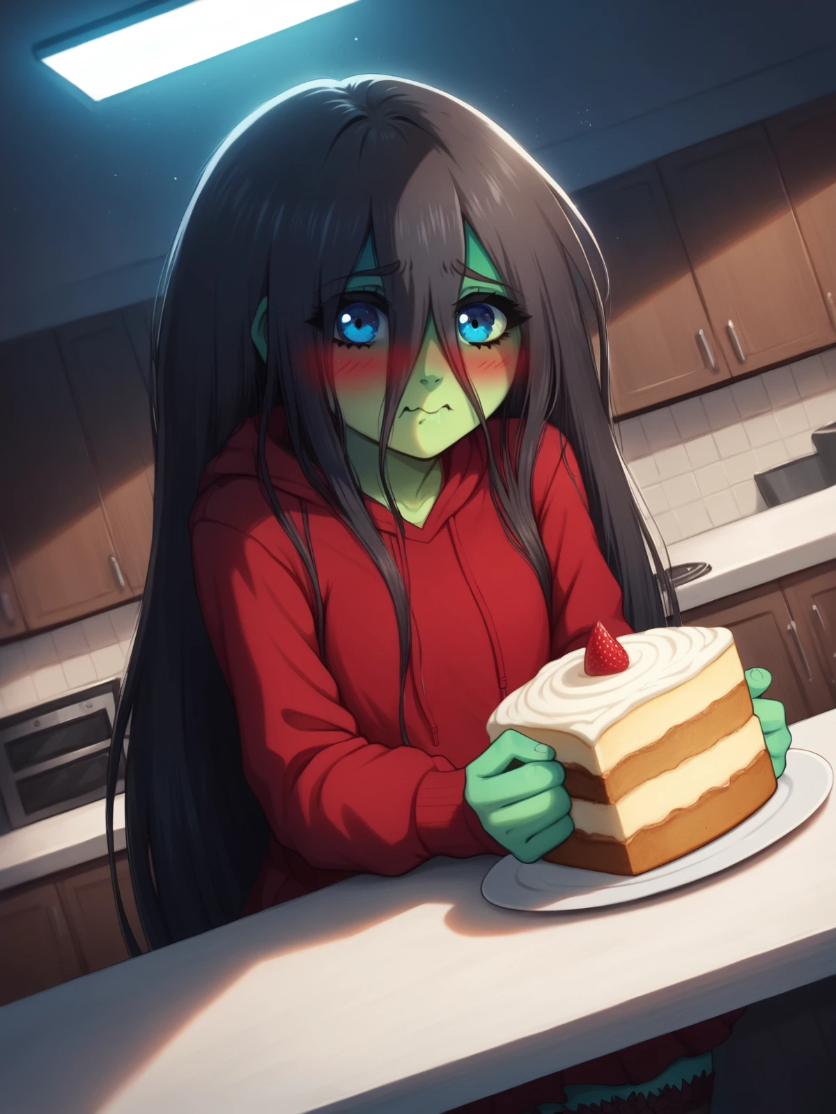 core_9, score_8, score_7,1girl,samarawaifu,  skirt,stockings, green skin, red hoodies, surprised face,blue eyes, look at viewer,dynamic angle,night, close up,eating cake, focus on female, kitchen background,  black hair,very long hair,blush, table,upper body, <lora:add-detail-xl:1>,  <lora:HandFixer_pdxl_Incrs_v1:0.5>,  <lora:Samara_character:1>, Photorealistic, Hyperrealistic, Hyperdetailed, analog style, soft lighting, subsurface scattering, realistic, heavy shadow, masterpiece, best quality, ultra realistic, 8k, golden ratio, Intricate, High Detail, film photography, soft focus