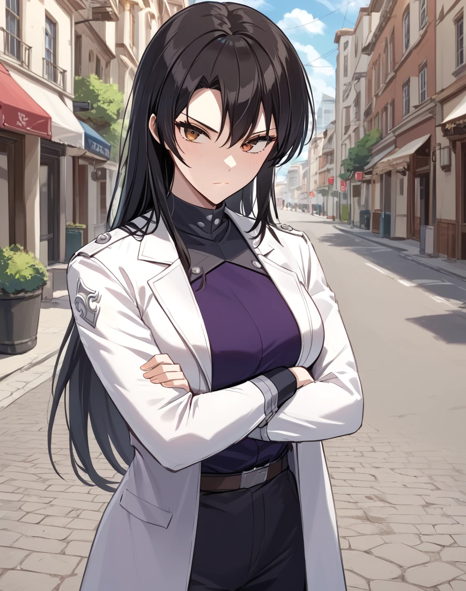 Ignet_Crescentia, black hair, brown eyes, long hair, knight clothes, white jacket, white jacket on shoulders BREAK  outdoors, city street, BREAK looking at viewer, serious face, crossed arms, closed mouth, cowboy shot, BREAK score_9, score_8_up, score_7_up, source_anime ,zPDXL,<lora:Ignet_Crescentia:0.8>, solo