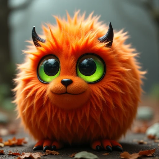 a round monster with orange fur and green eyes