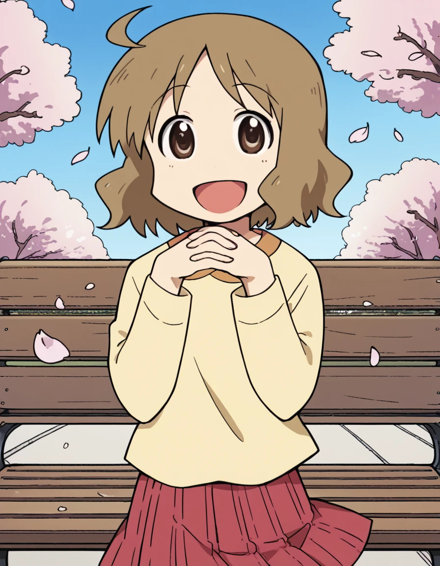 score_9, score_8_up, score_7_up, source_anime, <lora:izumi-sakurai-s1-ponyxl-lora-nochekaiser:1>, izumi sakurai, short hair, brown hair, brown eyes, ahoge,, skirt, yellow shirt, pleated skirt, red skirt,, park, cherry blossoms, bench, gentle breeze, peaceful, running, open mouth,, smile, <lora:gendou-pose-ponyxl-lora-nochekaiser:1>, gendou pose, own hands clasped, own hands together, parody,, looking at viewer, solo,, dutch angle, cowboy shot