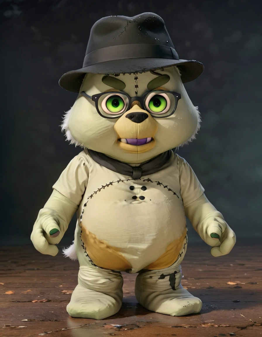 <lora:Franken_Teddy:1> Ghostly White Franken Teddy wearing a sheet dressed like a  Cute Geeky Ghost wearing a black fedora and glasses, detailed shadows and shading