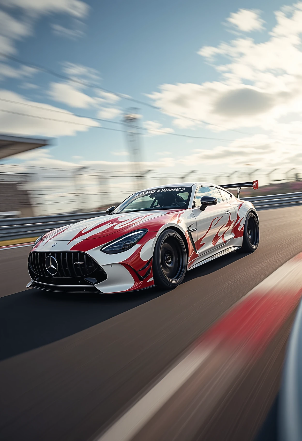 from front from side, white with painted race flames dvr-mercedes-amg-gt63se speeding on a race track <lora:fixed_dvr-mercedes-amg-gt63se:1>