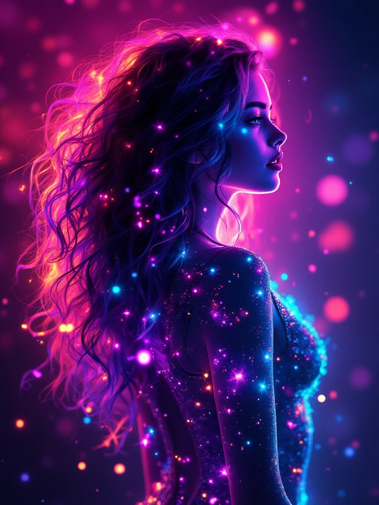 Esmeralda, full body view, Ultra-detailed illustration of the silhouette of a wavy-haired woman, glimmering in colors, CMYK colors,