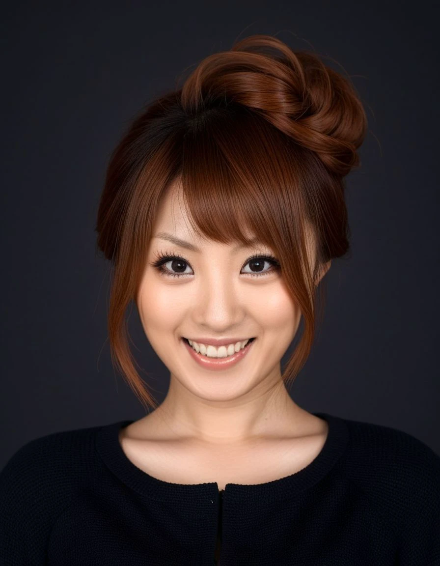 <lora:Tsubasa_Amami:0.9>tsubasa amami,
1girl, solo, 
realistic, navel, red hair,
lips, chignon updo hair, wearing a dark jacket,
smile,teeth, open mouth, dark background, open mouth