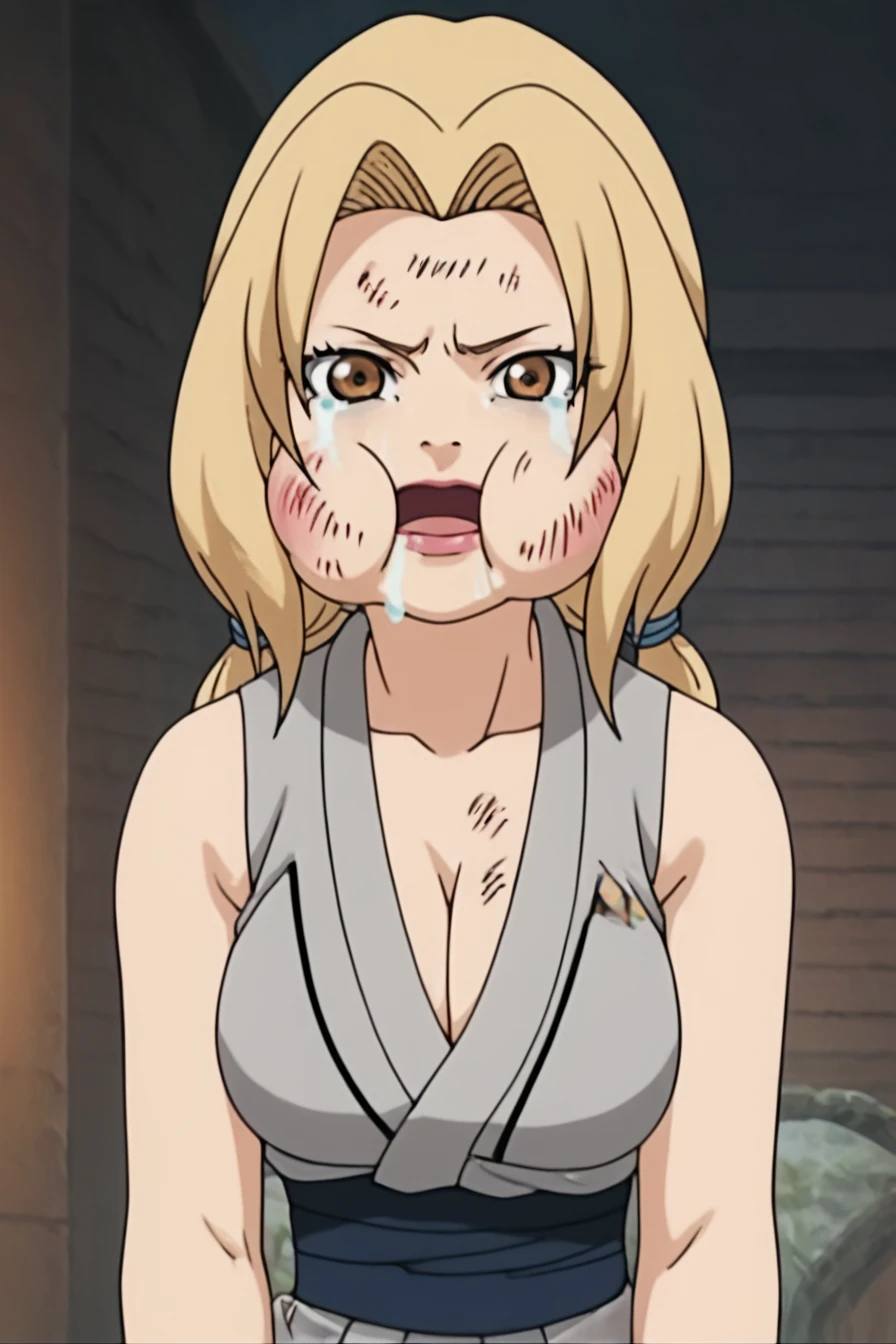 score_9, score_8_up, score_7_up, score_6_up, score_5_up, score_4_up,  <lora:tsunade-s2-ponyxl-lora-nochekaiser:0.8> , tsunade, blonde hair, yellow hair, facial mark, forehead mark, long hair, makeup, mature female, brown eyes, parted bangs, twintails, low twintails, large breasts, cleavage, bare shoulders, collarbone, japanese clothes, sleeveless, pants, kimono, sash, bare arms, grey kimono,  <lora:beat_up_face:0.8>, 1girl, solo, alone, tears, head bump, bruise, swollen cheeks, masterpiece, highres