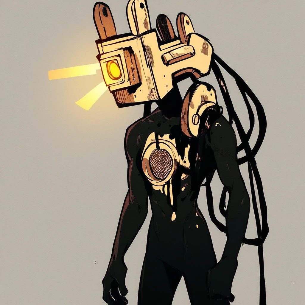 The projectionist, projector Head, cable wire, speaker chest, one shoulder plate, black skin, black stain, black ink drips, standing, score_9, score_8_up, score_7_up