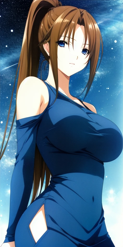 <lora:SatsukiV1:0.7> kitaooji_satsuki_high_ponytail, huge_breasts, standing, solo, arms_behind_back, starry_sky,, masterpiece, best_quality, detailed_face, detailed_eyes, highres, beautiful, detailed, absurdres,