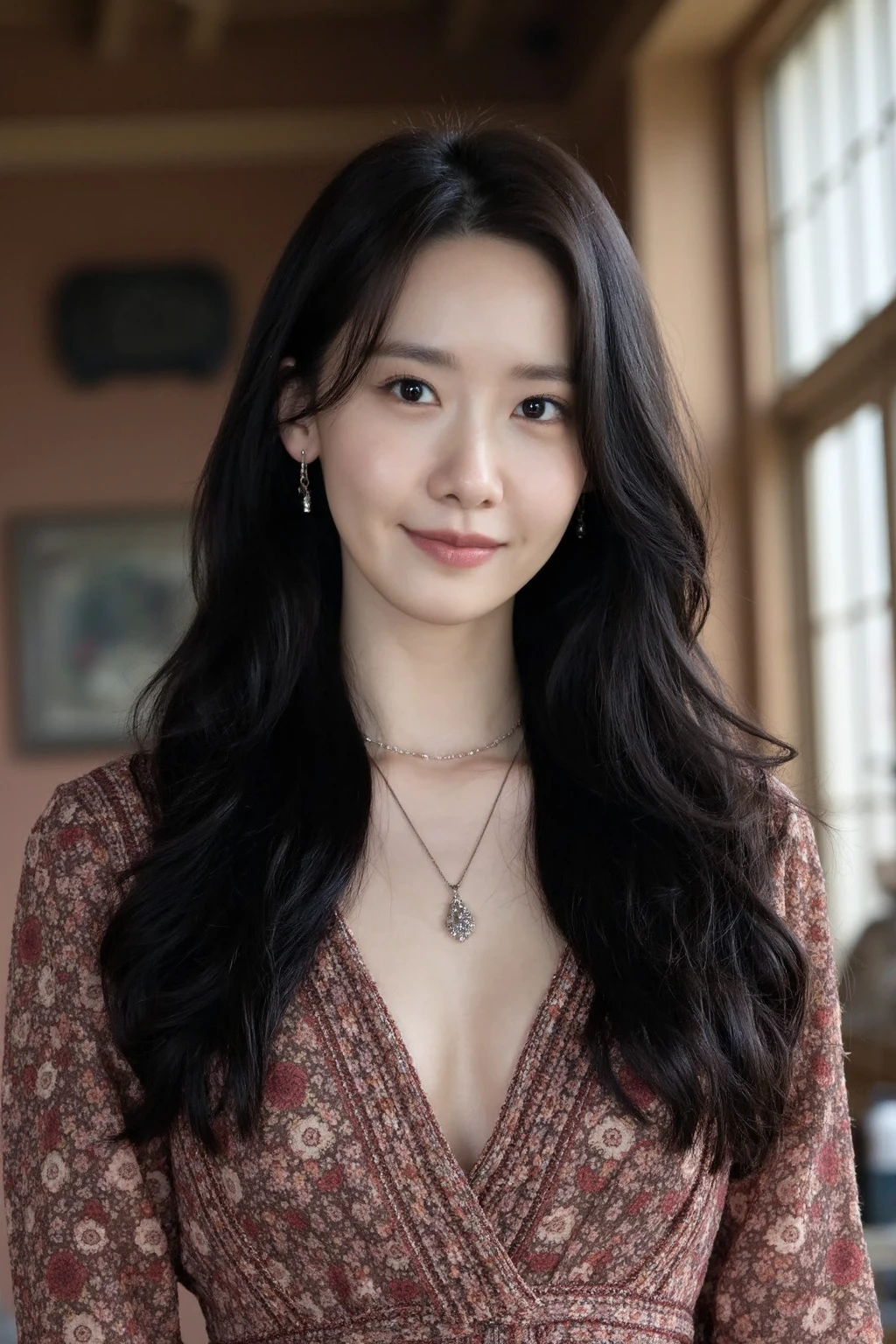 bright photo of beautiful korean girl with long  black wavy hair wearing bohemian dress, inside a rustic house, necklace, dslr, studio lighting, high quality,  light reflections, blood vessels, pale skin, detailed skin, <lora:flux_realism_lora:1>,<lora:makinaflux_yoona_v1.0:1>