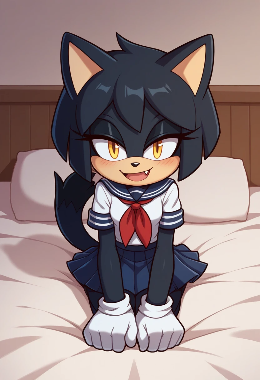 (feral:1.6), (quadrupedal:1.6), fluffy, classroom, (school uniform, dress:1.2), \(pokemon\), (Black cat:1.2), (Black crotch:1.4), (((quadruped, feral, feline))), (Shy smile:1.4), (Half-lidded eyes:1.4), (Green eyes:1.2), (by Rukifox:1.2), (By hioshiru:1.2), blushing, (petite body:1.4), (solo:1.4), (looking at viewer:1.2), (petite:1.4), paws, (Black fur:1.4), (innie pussy:1.2), (On desk, spread legs, on back:1.2), (pussy juice:1.2), (dynamic pose:1.2), anus, (High-angle view:1.2)