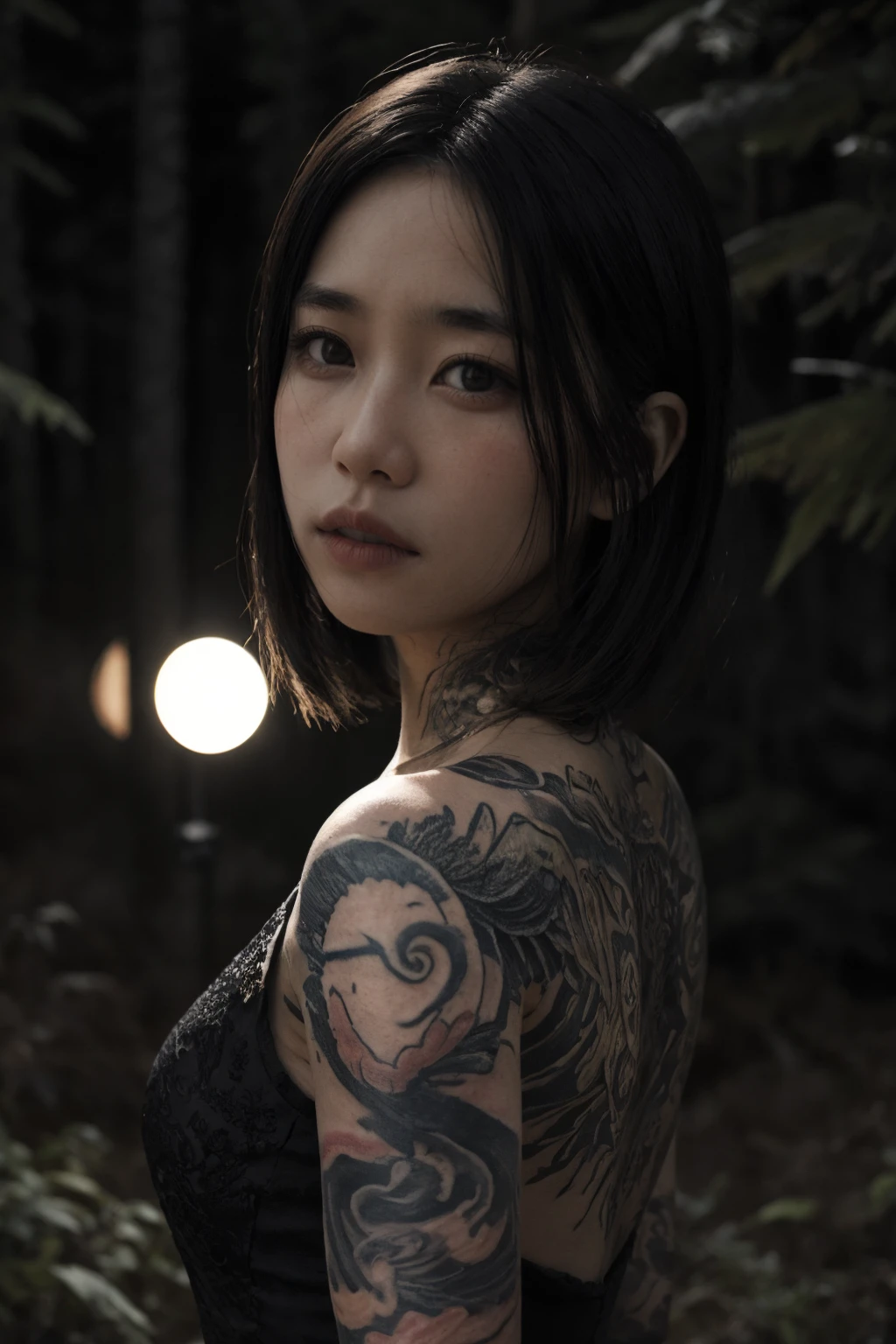 tatoobody,moondy LIGHT,REALISTIC,CINEMATIC FILM,BLURRED,DETAILED,(INCRICATE DETAILS TEXTURE:0.7),DETAILED FACE,NAMAORL QUALITY,in the wilderness,<lora:tatoobody:0.7>,woman,black dress,