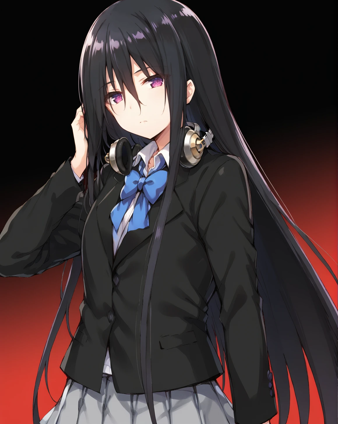 <lora:yomei_kirisaki_v1.3-000009:1>,yomei kirisaki,black hair,long hair,very long hair,purple eyes,hair between eyes,hair over eyes,tall female,straight hair,
headphones around neck,black blazer,school uniform,(grey skirt:1.1),blue bow,
1girl,solo,
BREAK
cowboy shot,hand on headphones,
dark red background,black background,gradient background,
expressionless,, score_9,score_8_up,score_7_up,source_anime,best quality,masterpiece,uncensored,detailed eyes,