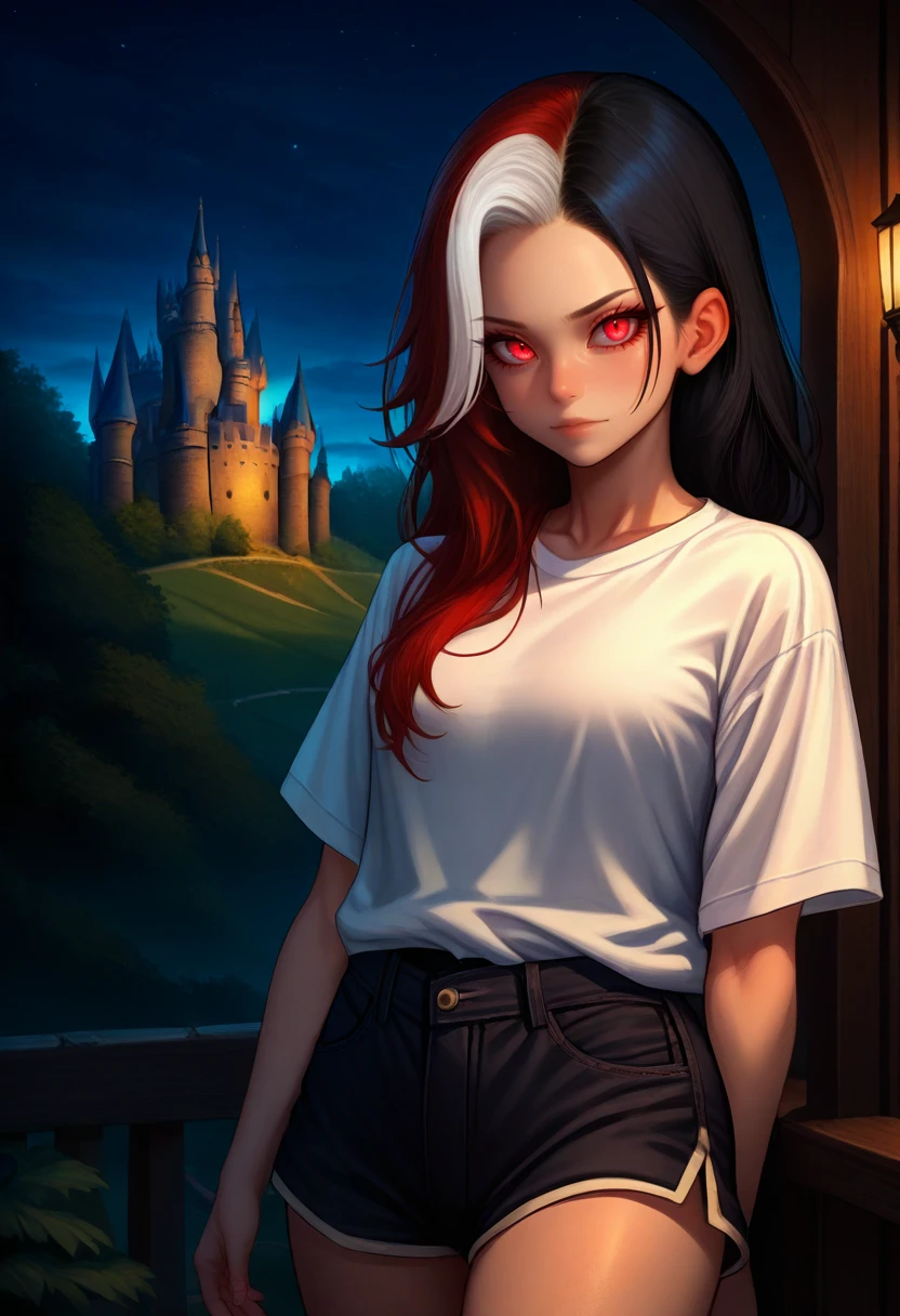 masterpiece, best quality, 1girl, solo, <lora:NSMelionPalHairIllu:1> NSMelionPalHair, red hair, black hair, white hair, multicolored hair, red eyes, white shirt, short shorts, black shorts, shoes, castle, outdoors, night, dark, long hair, short sleeves