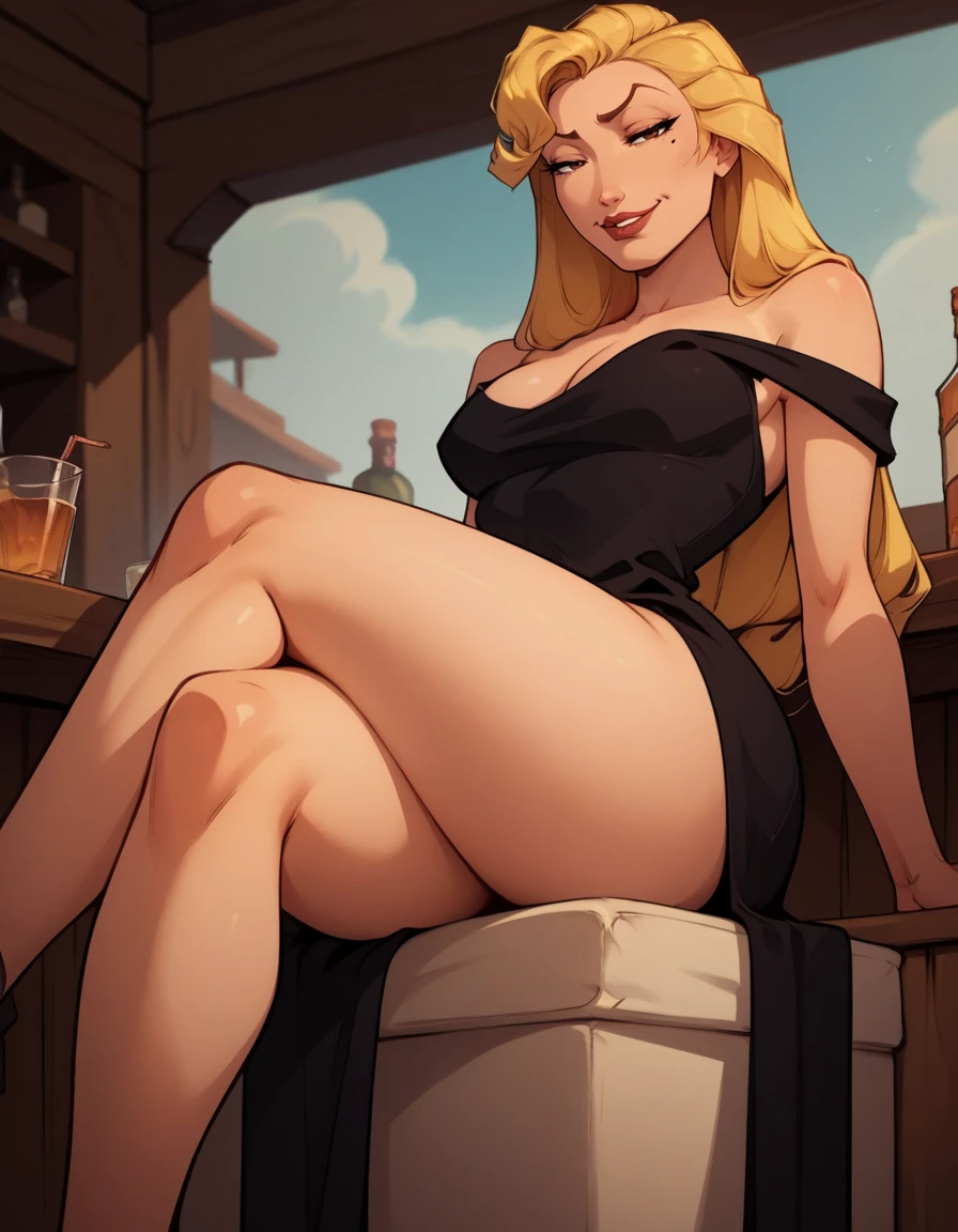 score_9, score_8_up, score_7_up,score_6_up, score_5_up, score_4_up , 1girl, solo, 
large breasts,
HelgaDG,
long hair, blonde hair, brown eyes, lips,
 half-closed eyes, 
smug,
bar \(place\),   black dress, side slit, sitting, crossed legs,  cleavage,
from below,
 <lora:Helga DG PXL v01:1>