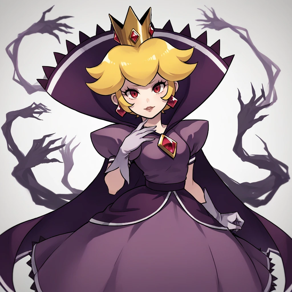 score_9, score_8_up, score_7_up, score_6_up, score_5_up, score_4_up, zPDXL2,source_anime,rating_questionable,  <lora:Shadow_Queen_Peach:0.8> sh4dp3ach, princess peach, blonde hair, short hair, purple dress, puffy short sleeves, white gloves, cape, crown, jewelry, red eyes, posing, farmland