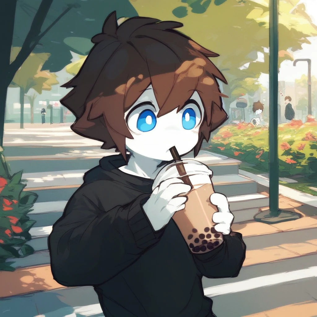 score_9_up, score_8_up, score_7_up, mikus-sona, blue eyes, brown hair, white skin, black boxers, park, holding, bubble tea, black sweater, gray shorts, 1boy, solo