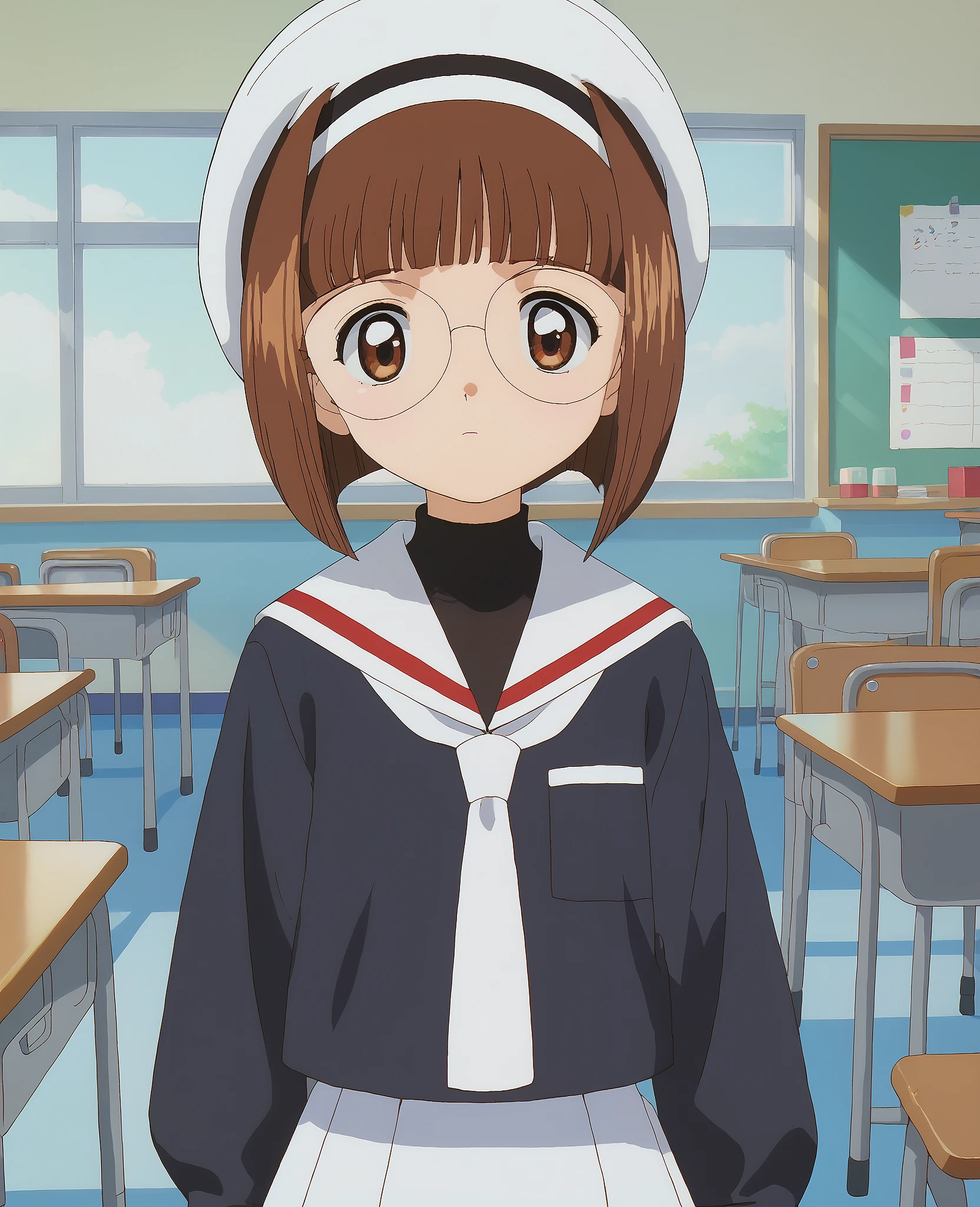 score_9, score_8_up, score_7_up, masterpiece, absurdres, source_anime, perfect anatomy,

1girl, solo, naoko_yanigasawa, brown hair, bob cut, hairband, brown eyes, glasses,
school uniform, black blouse, white sailor collar, white skirt, short skirt, hat, white hat,

good_hands,

indoors, classroom, looking at viewer,