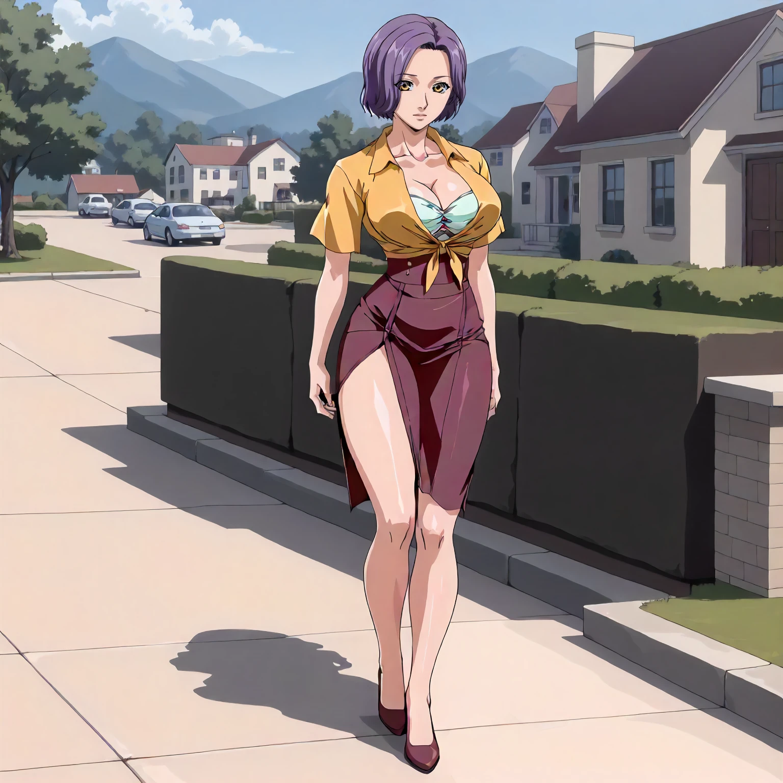 <lora:GSE_HanaeXLpony001>,
outdoors,
solo,
Hanae,1girl,mature female,purple hair,short hair,yellow eyes,
large breasts,
tied_shirt,bra peek,
high-waist_skirt,
full body,standing,