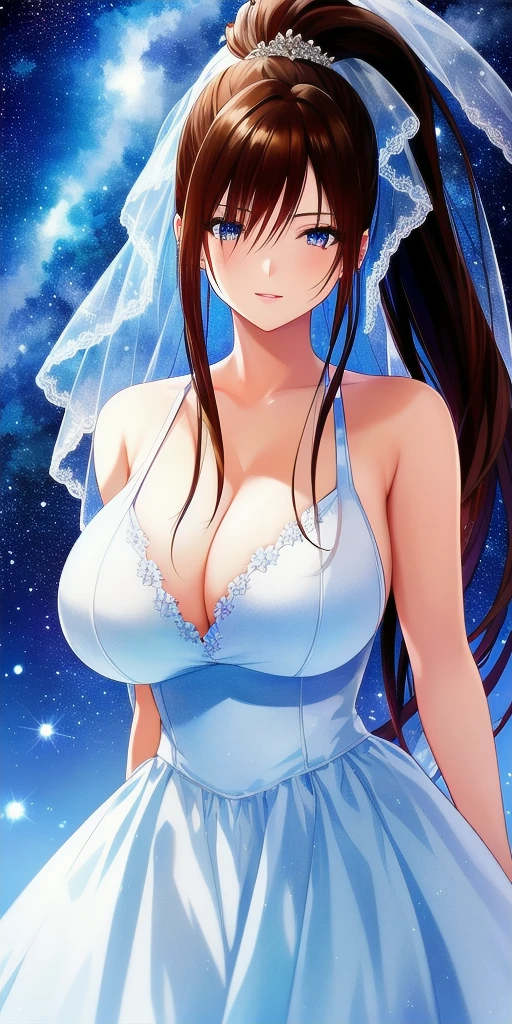 <lora:SatsukiV2:0.7> kitaooji_satsuki_high_ponytail, huge_breasts, standing, solo, arms_behind_back, starry_sky, wedding_dress, bridal_veil,, masterpiece, best_quality, detailed_face, detailed_eyes, highres, beautiful, detailed, absurdres,