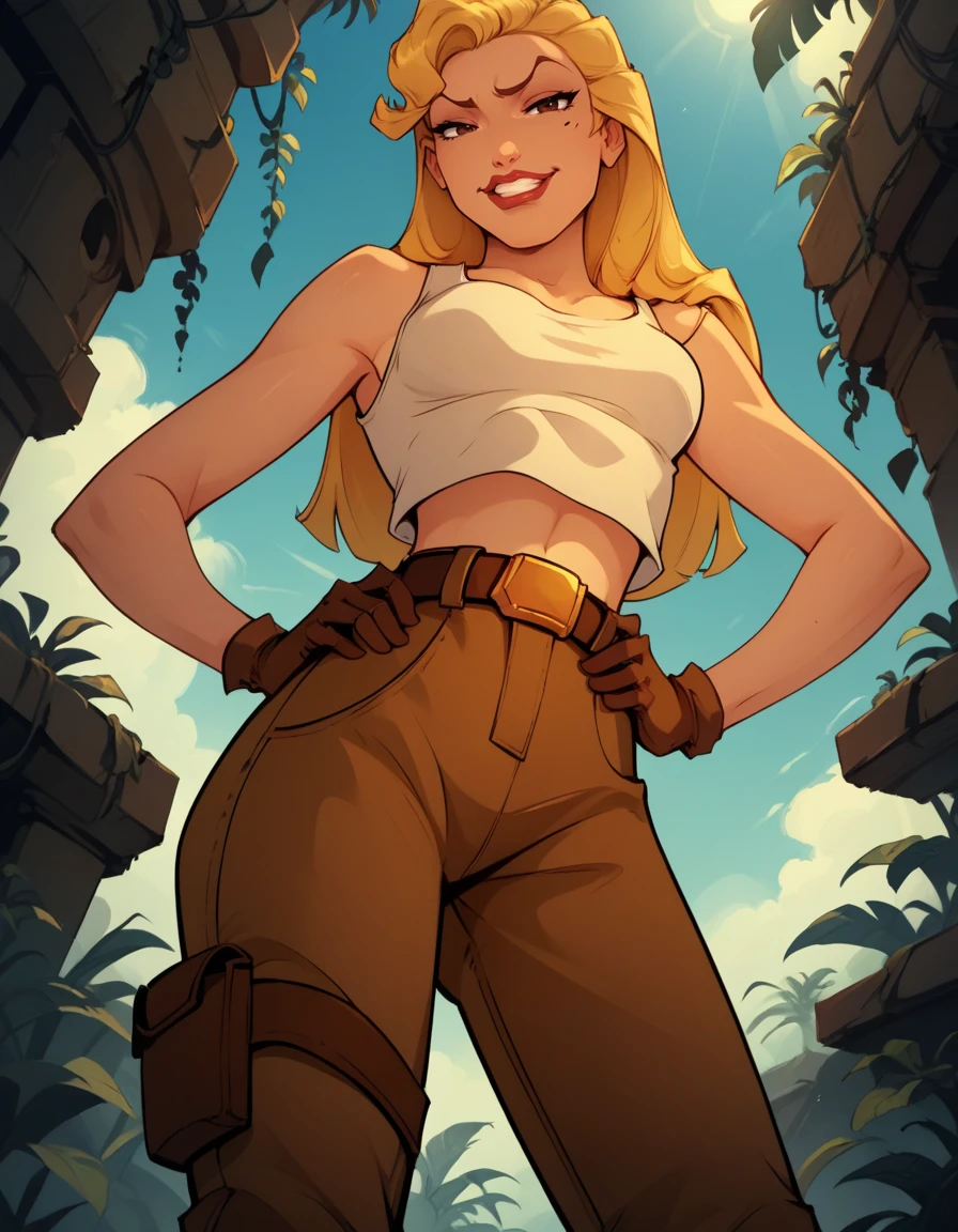 score_9, score_8_up, score_7_up,score_6_up, score_5_up, score_4_up , 1girl, solo, 
large breasts,
HelgaDG,
long hair, blonde hair, brown eyes, lips,
tank top, gloves, belt, brown pants, boots, crop top, 
smug, clenched teeth, 
jungle, ruins, from below, hands on hips,
 <lora:Helga DG PXL v01:1>