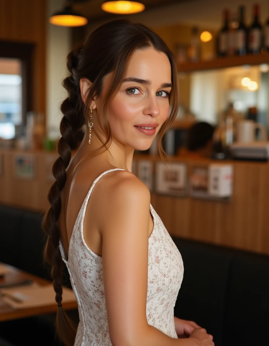 <lora:Emilia_Clarke_Flux:1> beautiful detailed photograph, brown hair flowing braid, wearing a dress, standing in cafe looking at the viewer