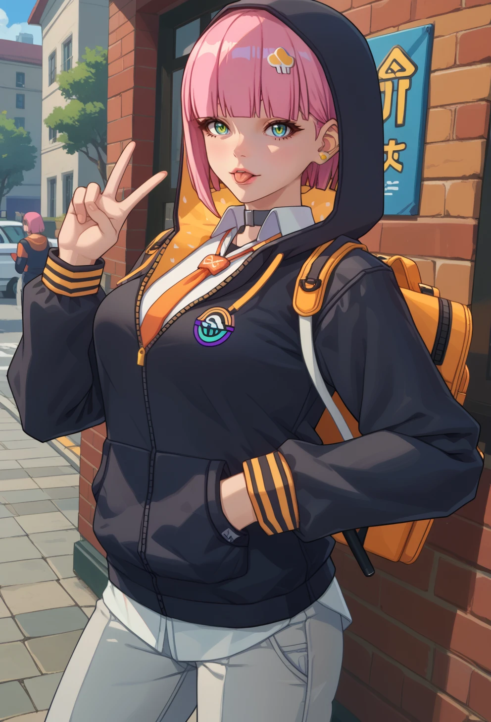 score_9, score_7_up, source_anime, solo, BREAK <lora:AERain-000009:1> AERain,multicolored eyes, green eyes, blue eyes, blunt bangs, Pink hair, short hair, asymmetrical bangs, hair ornament, hairclip, 
black choker, black hoodie, long sleeves,  Orange necktie, collared shirt, White shirt, grey pants, shoes, White footwear, zipper, zipper pull tab,
Hood up, backpack,
standing, outdoors,  fantasy, hands up, v, tongue out,