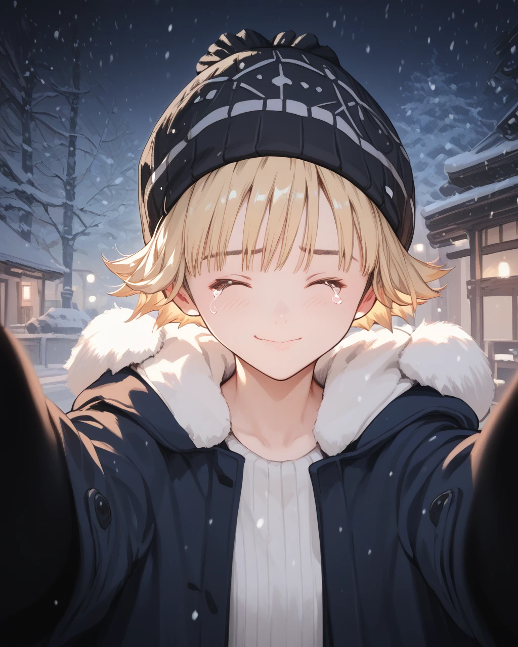 score_9, score_8_up, score_7_up, score_6_up, score_5_up, score_4_up, source_anime, screenshots, <lora:is_pony_v1_uo-000020:1> blonde hair, short hair, beanie, smile, tears, closed eyes, closed mouth, snowing, night,
<lora:cheekwarm-000010:0.8> pov, reaching towards viewer