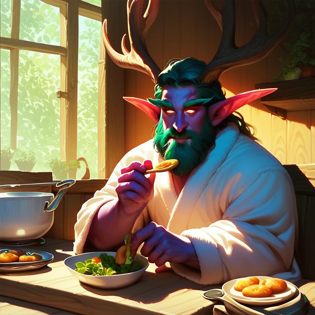 score_9, score_8_up, score_7_up, western cartoon, detailed face, Malfurion, white bathrobe, large male, sitting at breakfast table, kitchen, warm colors, 1boy, eating cereal, wooden walls, morning light