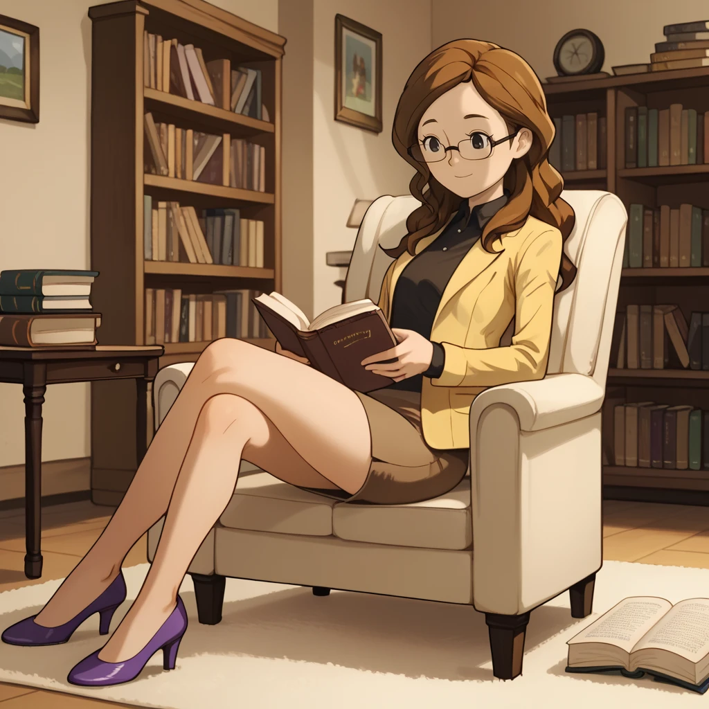 score_9, score_8_up, score_7_up, 1girl, solo, uncensored, clairefoley, smile, holding book, reading, sitting, brown hair, black eyes, glasses, black shirt, yellow suit, brown skirt, purple heels, indoors, room, bookshelf, books, armchair, carpet <lora:ClaireFoleyXL_v1.0:1.1>