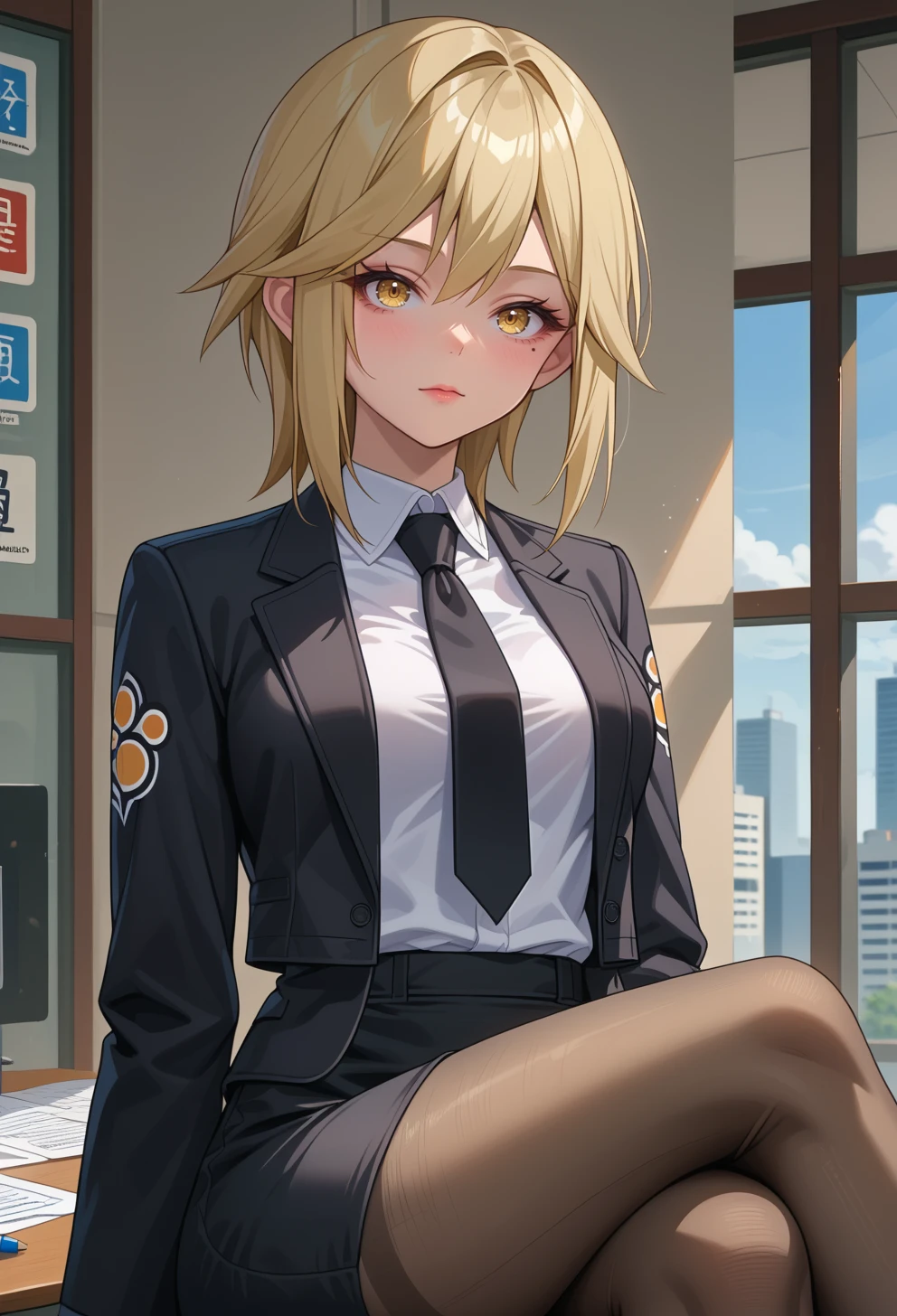 score_9, score_7_up, source_anime, BREAK <lora:AEKylie:0.9> AEKylie, yellow eyes, blonde hair, medium hair, sidelocks, mole under eye, portrait, office lady, dress shirt, black necktie, black jacket, pencil skirt, pantyhose, crossed legs,