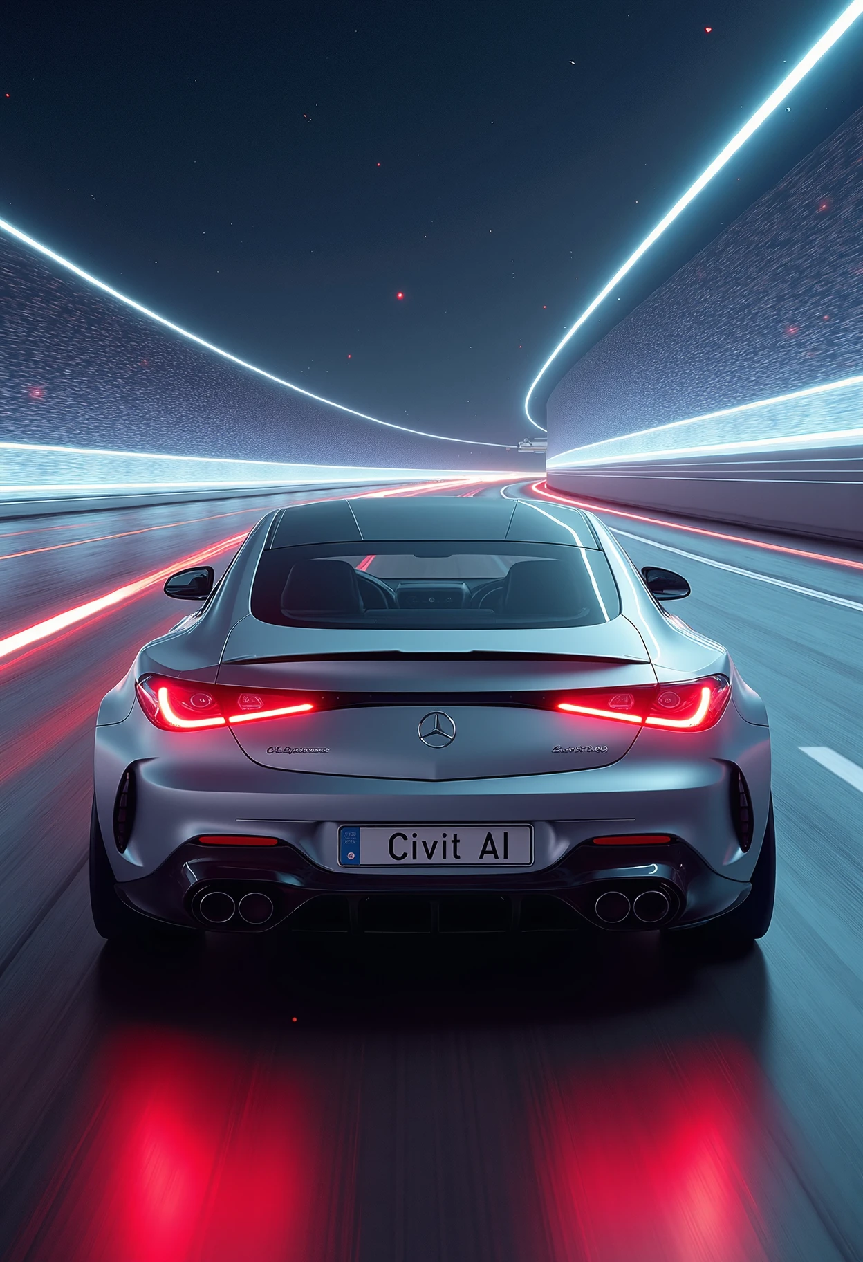 a polished silver dvr-mercedes-amg-cle53 with a license plate that reads "Civit AI" stylized like a jet engine with a large jet of particles behind it zooming through an intergalactic highway <lora:dvr-mercedes-amg-cle53:1>