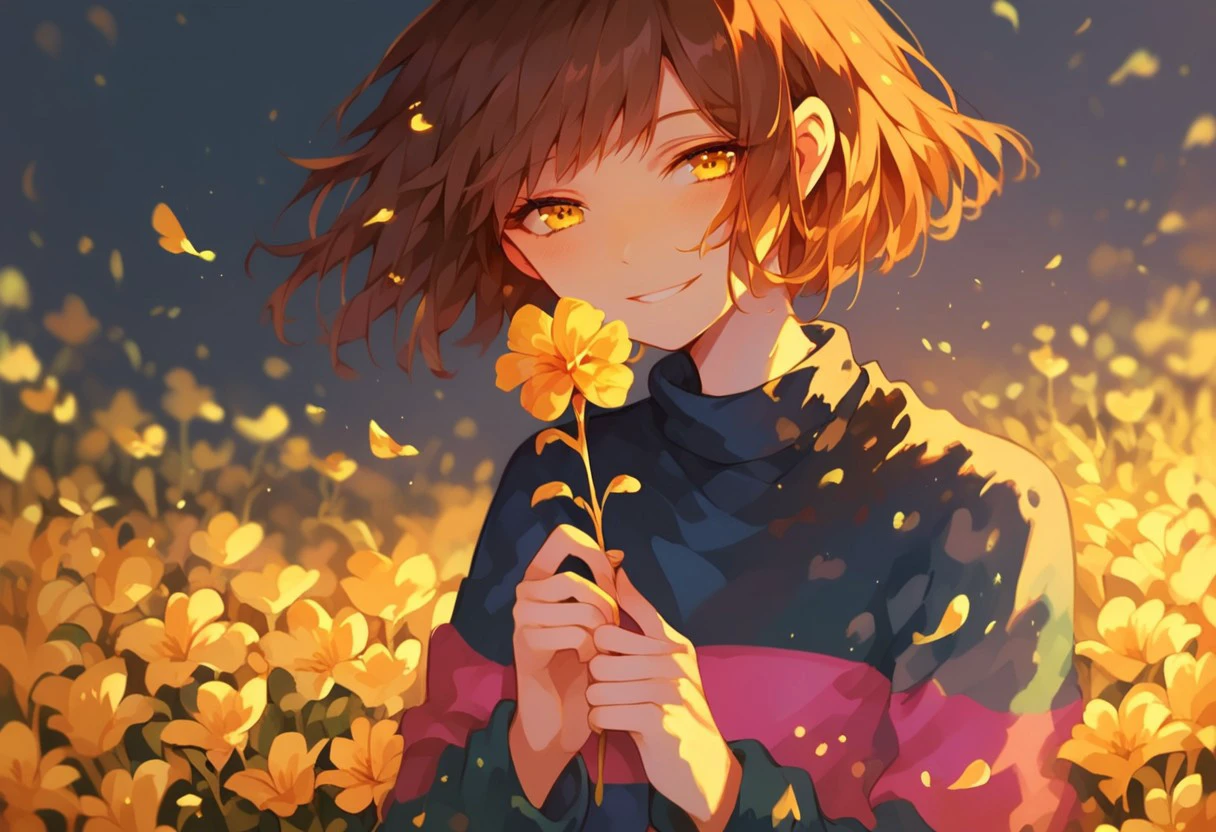 frisk (undertale), score_9, score_8_up, score_7_up, golden eyes, holding flower, golden flower, smile, petals, flower field, short hair, best quality, masterpiece,